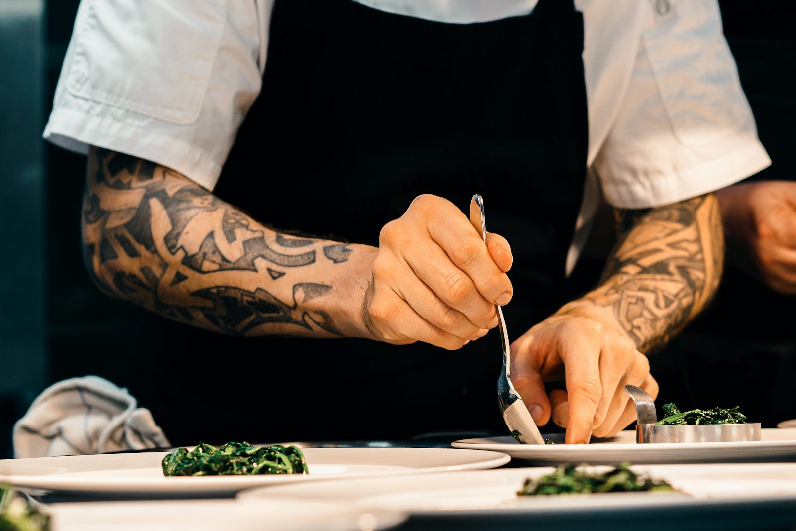 A chef plating