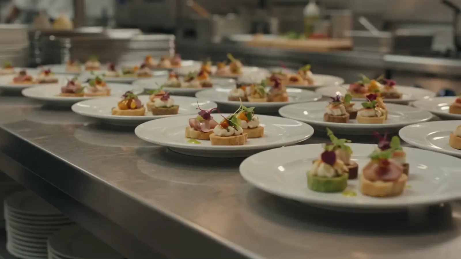 A camera rising through a catering kitchen from plated canapes to a rack of clean glassware