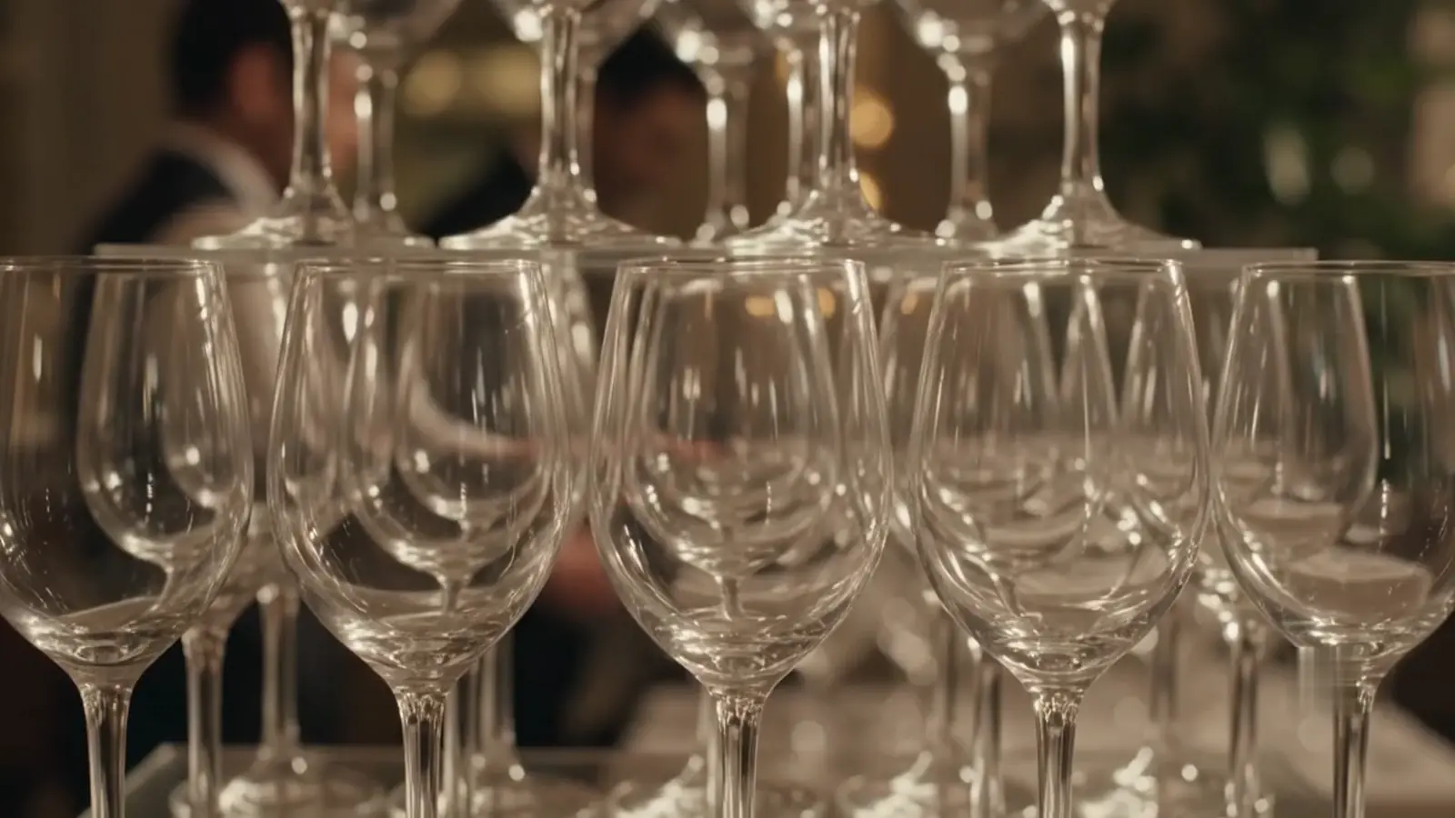 A camera descending a drinks station from tiered empty glasses to one filled glass on the cloth