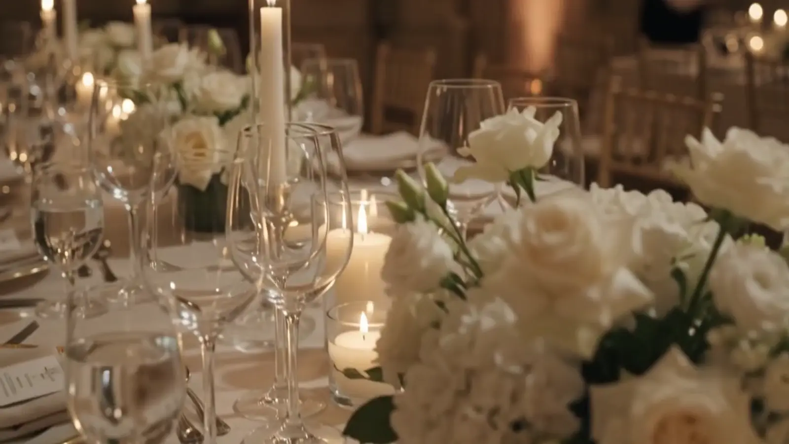 A camera descending a banquet table from glasses and flowers to the cutlery laid on the cloth